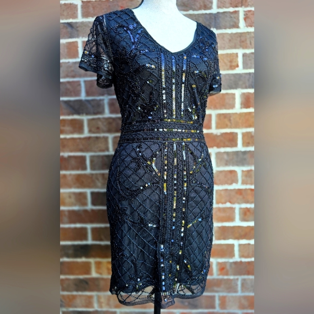 Verte Black Sequin Beaded Mini Dress V-Neck Sheer Overlay Size M Cocktail Party